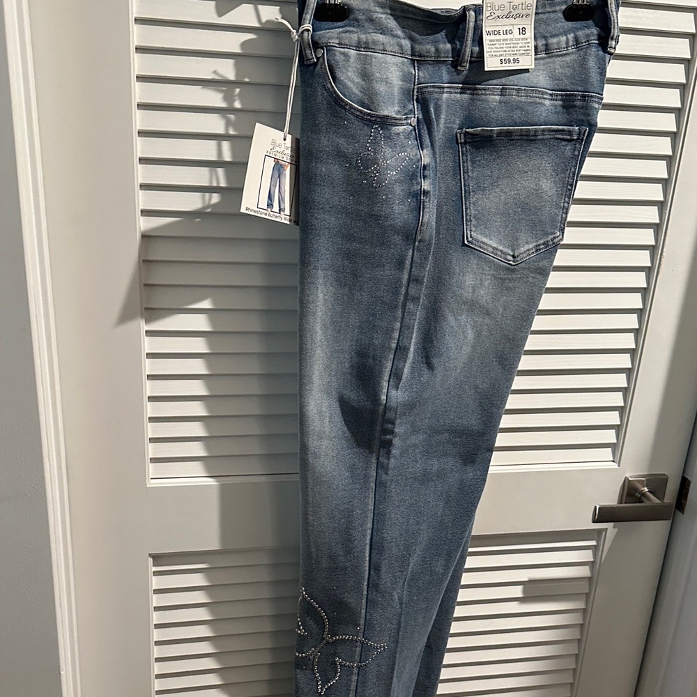NWT Blue Turtle Wide Legs Rhinestone Butterfly High Rise Jeans w/five pockets.